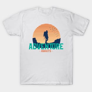 Adventure Awaits Retro Sunset Hiking T-Shirt